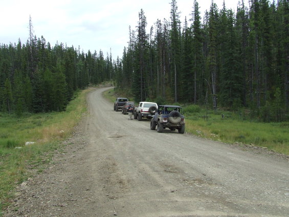 Four off-road vehicles driving on a winding gravel road through a forest