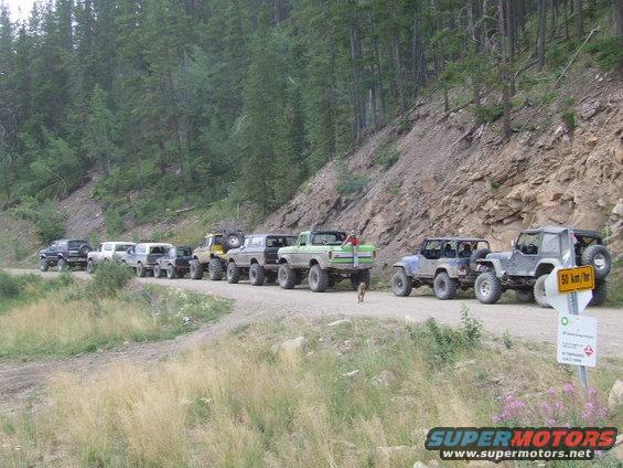 Line of off-road vehicles parked on a dirt road next to a wooded hillside. A dog walks in front of a green pickup truck