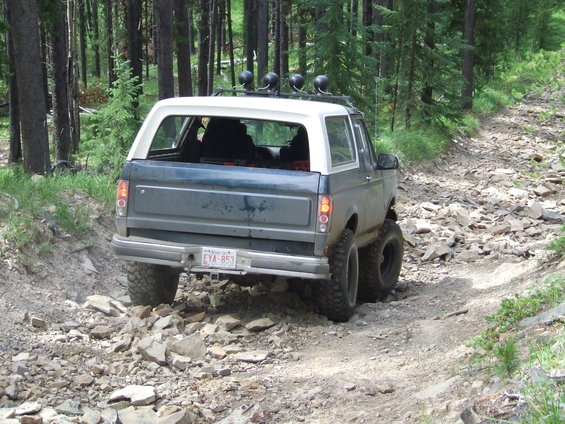 Ford Bronco driving on a rocky, wooded trail