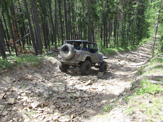 Jeep Wrangler driving on a rocky trail through a forest