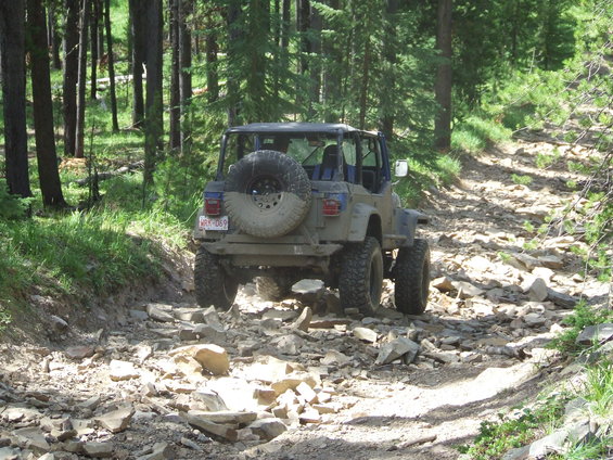 Jeep Wrangler with spare tire on rear, driving on a rocky forest trail