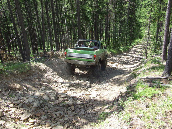 Green 1978 Ford Bronco on a rocky forest trail