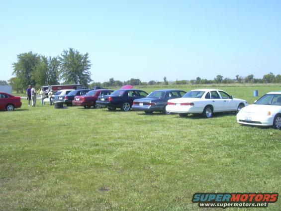 Several cars parked on a grassy field under a clear blue sky. A white 1997 Ford Crown Victoria is prominent