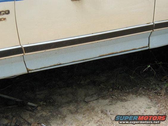 Close-up of a vehicle's side panel showing a chrome trim strip and rust along the lower edge