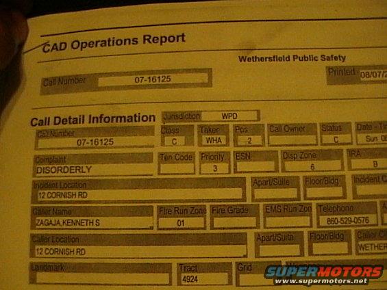 CAD Operations Report document with call details and SuperMotors logo