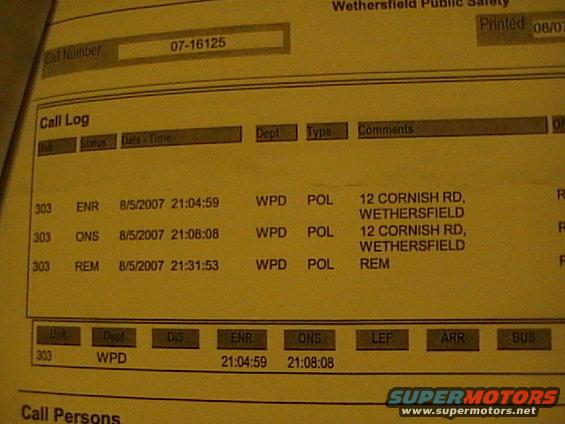 Police call log with entries for 12 Cornish Rd, Wethersfield