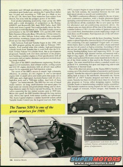 Interior shot of a 1989 Ford Taurus SHO showing front seats and dashboard. Also a rear 3/4 view of the car and a close-up of the speedometer