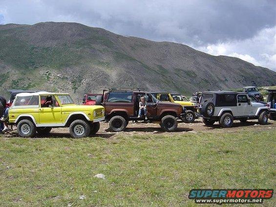 Yellow first-gen Ford Bronco and several Jeeps parked on a grassy hill with mountains in the background