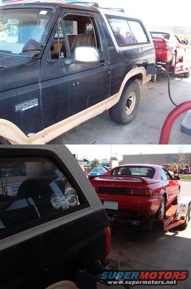 mr2.jpg Still Kickin'

My g/f's nephew bought her old car away from her brother-in-law (his uncle) because the shifter is torn up & he couldn't fix it or afford to get it fixed.  So we dashed over to N'ville today, grabbed a trailer, loaded it up, & pulled it back to her father's shop so the kid can get it back on the road.

The old POS Bronco did OK: ~90mph going; ~70mph coming back.  The tire that I punched 2 holes in at Hot Springs a few weeks ago blistered up right after we dropped off the trailer, so I'm running 2 odd tires now.