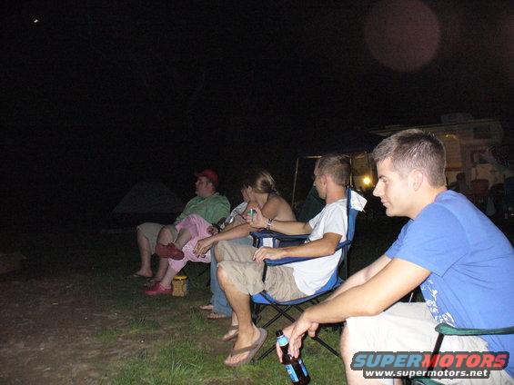 Group of people sitting in camping chairs at night, looking towards something out of frame. An RV is visible in the background