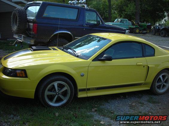 Yellow 2003 Ford Mustang parked next to a blue Ford Bronco with a spare tire on the back