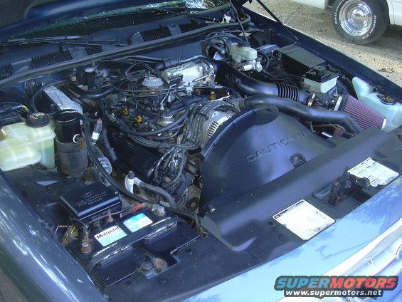 1996 Ford Crown Victoria engine bay with aftermarket cone filter and blue paint