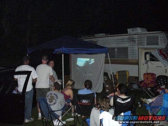 Group of people watching a movie projected on a screen at night, with an RV parked behind them
