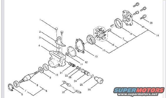 Exploded diagram of a mechanical assembly with numbered parts and lines indicating connections. Includes a watermark for SUPERMOTORS.NET