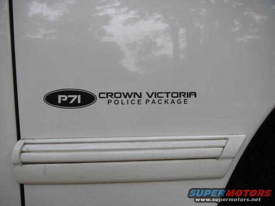 White Crown Victoria Police Package P71 badge on side panel