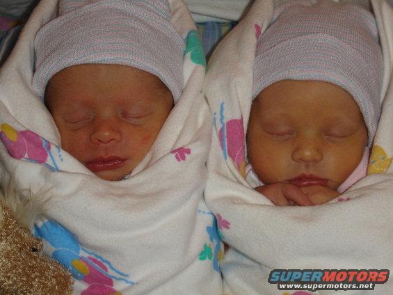 Two newborns swaddled in blankets and wearing hospital caps