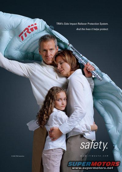 Advertisement for TRW Side Impact Rollover Protection System with family