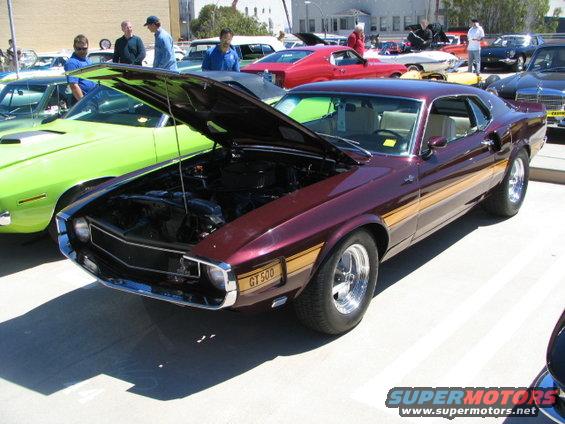 Maroon 1969 Ford Mustang GT500 with gold stripes, hood open, parked outdoors