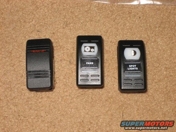 All these are dpdt on-off-on switches, the one that says fans will stay in the middle for auto, up for 100%, and down for off.  I have to find some other use for the blank one.