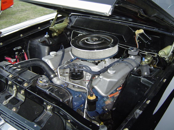 1964 Ford Fairlane engine bay with V8 engine, chrome air cleaner, and black inner fenders