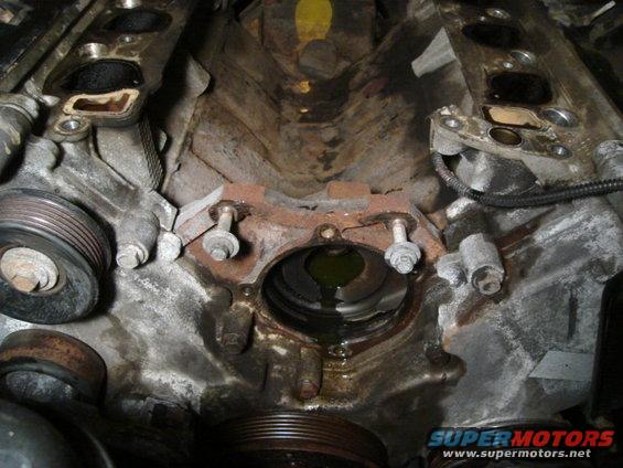 Engine block with a coolant leak visible around the intake manifold area. Pulleys are on the left
