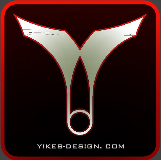 Logo with a stylized Y shape and a circle at the bottom, on a black background with a red border. Text reads Y!KES-DESIGN.COM