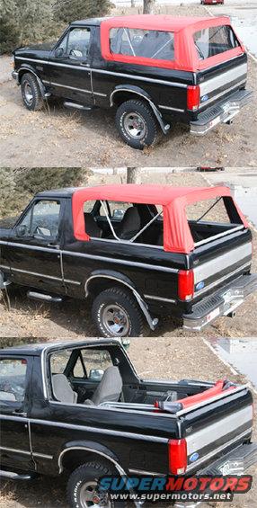 Black Ford Bronco with red soft top, three-quarter front view