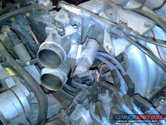 Close-up of engine components including throttle body, intake manifold, and spark plug wires