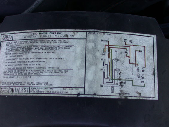 Ford vacuum hose routing diagram sticker, 1987 model year
