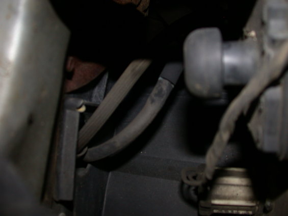 Close-up of engine bay with hoses and wires visible