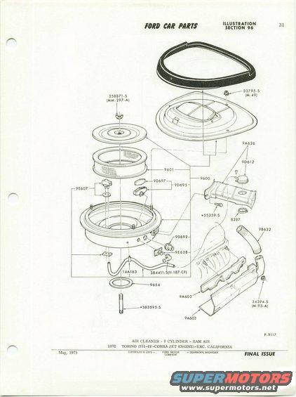 Diagram of 1972 Ford air cleaner and related engine parts