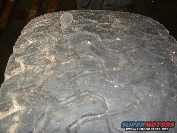 Close-up of a worn tire tread with a quarter placed on top