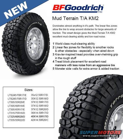 BFGoodrich Mud Terrain T/A KM2 tire with size chart and product description