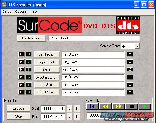 Computer screen showing DTS Encoder software with audio file names and playback controls