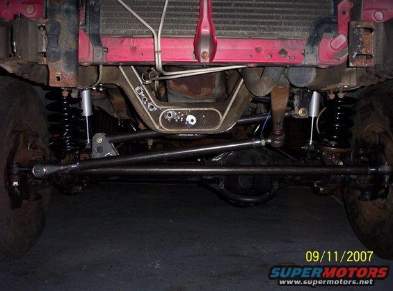 Underside view of a vehicle's front suspension and steering components, including shocks, springs, and a differential