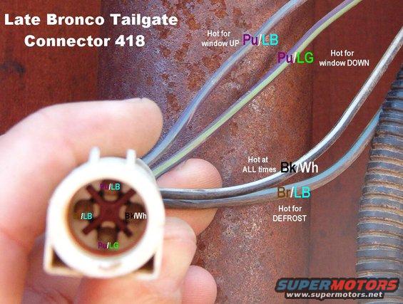 c418.jpg This is all the wiring for the tailgate, except the ground for the defrost grid.  This connector is located inboard of the L frame rail between the rear bumper & the gas tank rear crossmember.

[url=https://www.supermotors.net/registry/media/1172069][img]https://www.supermotors.net/getfile/1172069/thumbnail/tgconnloc.jpg[/img][/url]