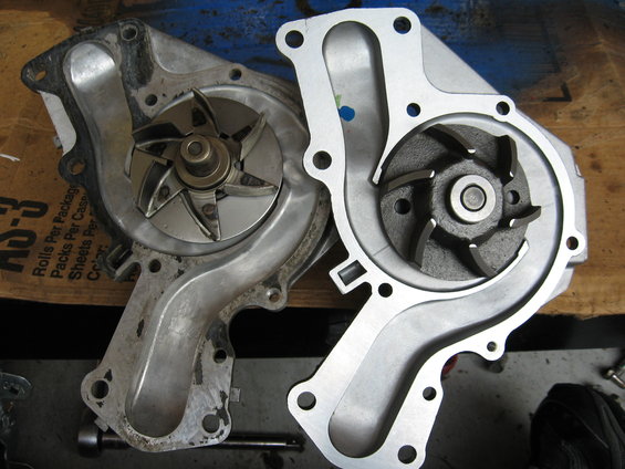 Old and new car water pumps side-by-side