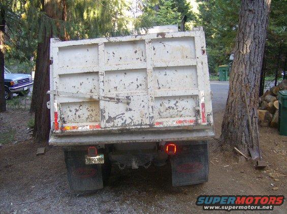 Rear view of a white dump truck with a license plate reading "P0309". A light-colored pickup truck is visible to the left