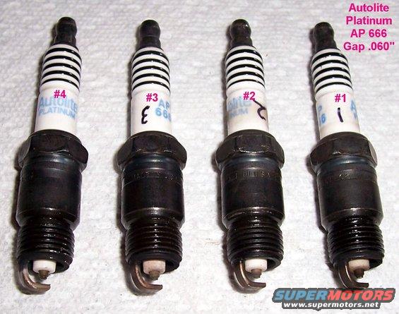 Four Autolite Platinum AP 666 spark plugs, gapped at .060 inches
