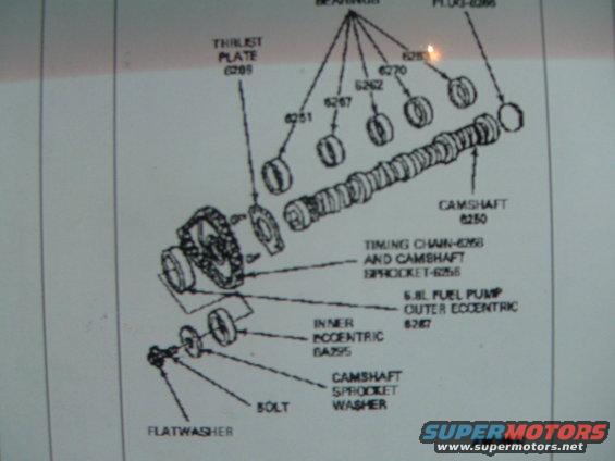 Diagram of engine camshaft, timing chain, and related parts with labels