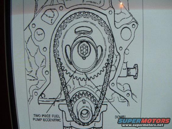 Diagram of engine timing chain with labels 'TWO PIECE FUEL PUMP ECCENTRIC' and 'DOWEL'