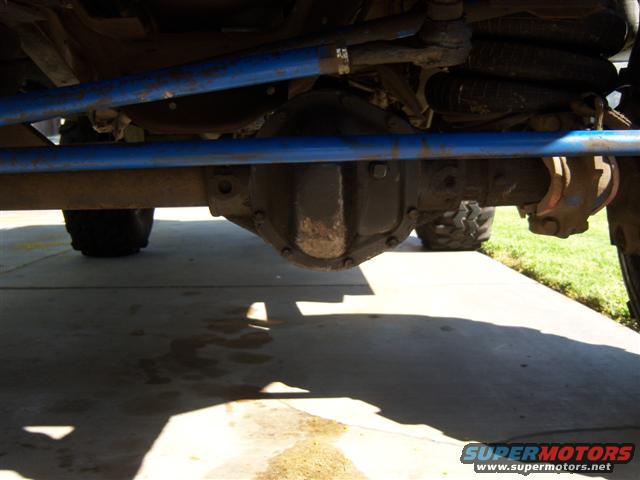 Undercarriage view of blue suspension and differential