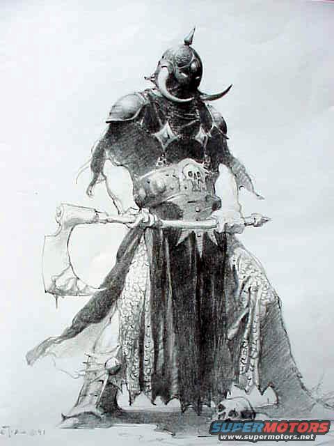 Pencil drawing of a fantasy warrior in ornate armor holding two axes