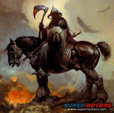 Knight in armor on a dark horse, holding a scythe-axe and shield. Birds fly in the background