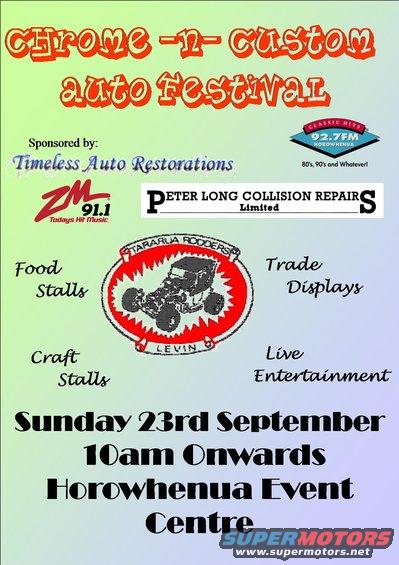 Flyer for Chrome-n-Custom auto festival on Sunday, September 23rd, 10am onwards at Horowhenua Event Centre. Features food stalls, craft stalls, trade displays, and live entertainment. Sponsored by Timeless Auto Restorations and ZM 91.1