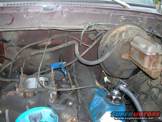 1978 Ford F-250 engine bay showing brake booster, master cylinder, and intake manifold
