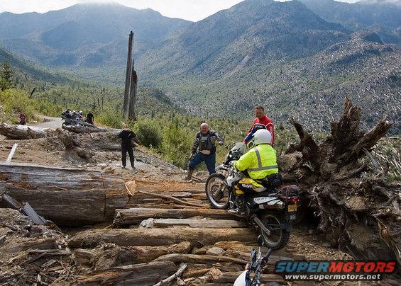 Motorcycles navigate a challenging off-road trail with fallen logs and steep terrain