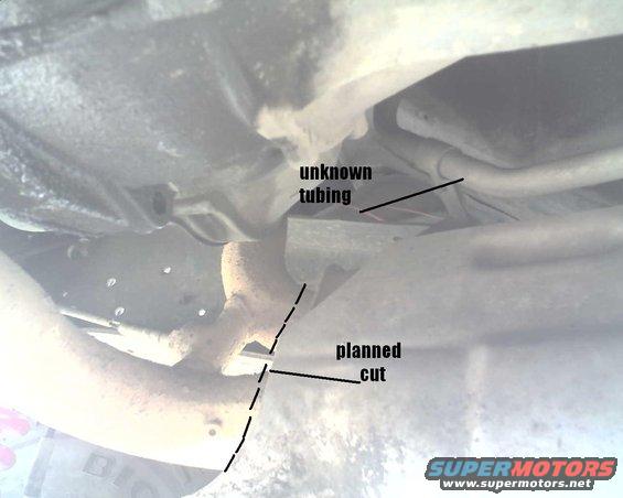 Underside view of vehicle exhaust system with labels 'unknown tubing' and 'planned cut'