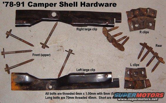 camperhdwr7891.jpg Camper Shell Hardware for '78-91 Broncos

Ships as 1.5 lbs. Some spares available.

Compare to:
http://broncograveyard.com/bronco/i-38255_full_top_bolt_and_clip_kit__26_.htm

For installation, see this:
[url=http://www.supermotors.net/registry/media/282491][img]http://www.supermotors.net/getfile/282491/thumbnail/campershelltrim.jpg[/img][/url]