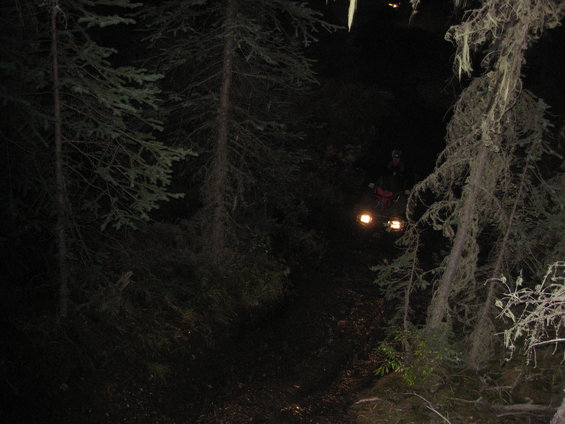 ATV with headlights on driving on a trail at night through a dark forest